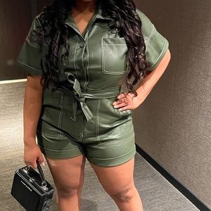 Riding Solo Faux Leather Romper - Olive